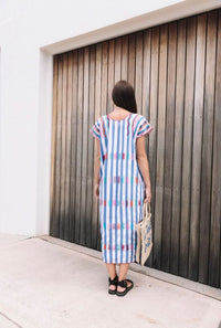 Long handmade cotton kaftan White with blue stripe and multi coloured embroidery styled without belt back wide